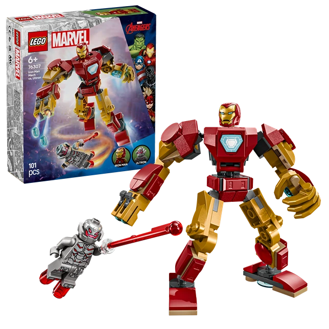 LEGO Marvel Iron Man Mech 76307 buildable figure in red and gold with articulated limbs displayed next to minifigure Ultron, shown with retail box packaging on white background