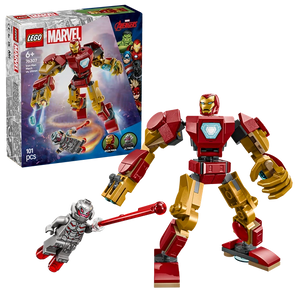 LEGO Marvel Iron Man Mech 76307 buildable figure in red and gold with articulated limbs displayed next to minifigure Ultron, shown with retail box packaging on white background
