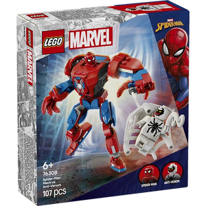 LEGO Marvel Spider-Man Mech vs Anti-Venom set 76308 box showing red and blue Spider-Man mech suit and white Anti-Venom minifigure with 107 pieces for ages 6+