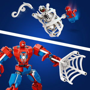 LEGO Spider-Man Mech vs. Anti-Venom set 76308 featuring a red and blue Spider-Man mech robot, white skeletal Anti-Venom character, Spider-Man minifigure, and web accessory pieces on blue background