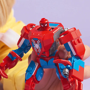 LEGO Spider-Man red and blue mech suit action figure with spider emblem on chest, held in hand against purple background