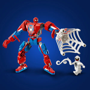 LEGO Spider-Man Mech vs. Anti-Venom set 76308 featuring a red and blue articulated mech robot with spider emblem, white and blue web accessory, and white Anti-Venom minifigure on blue background