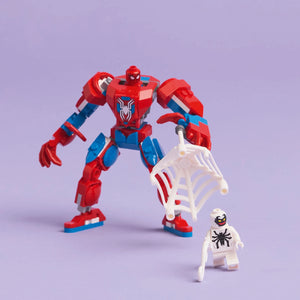 LEGO Spider-Man red and blue mech suit with articulated limbs and spider emblem on chest, displayed next to white LEGO minifigure with black spider design against purple background