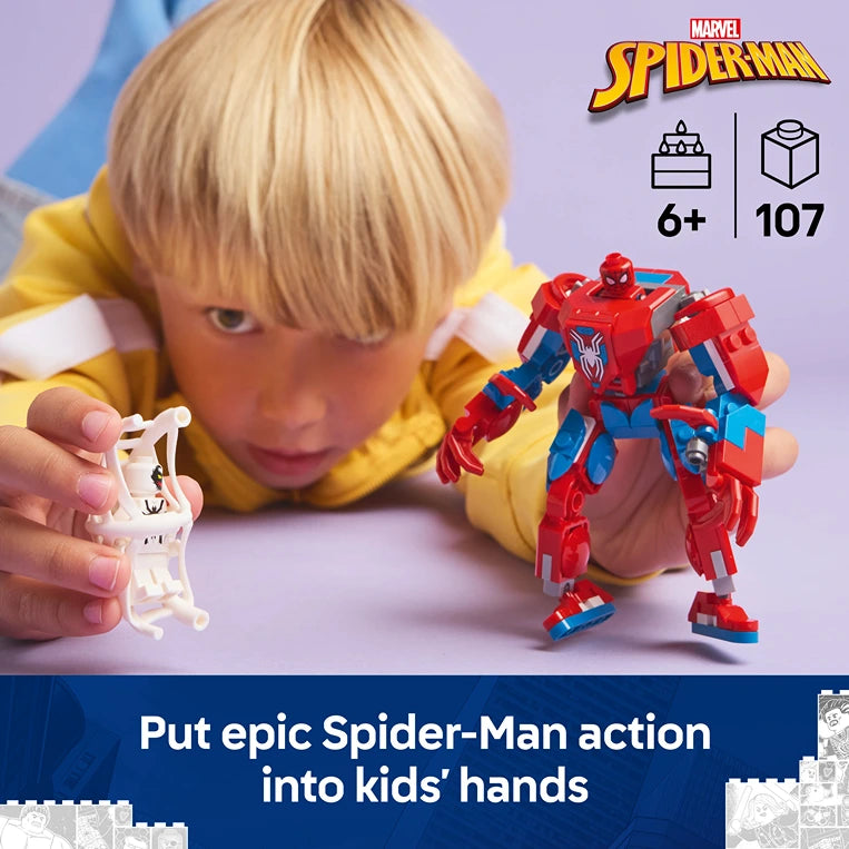 Young child in yellow jacket holding white LEGO Spider-Man figure next to red and blue LEGO Spider-Man mech suit, Marvel Spider-Man LEGO set 76308 with 107 pieces for ages 6 and up