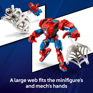 LEGO Spider-Man Mech vs Anti-Venom set 76308 featuring a red and blue Spider-Man mech with articulated joints, white Anti-Venom minifigure, and detachable web accessories against a blue and white background