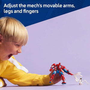 Child in yellow jacket playing with red and blue LEGO Spider-Man mech toy with adjustable arms legs and fingers on purple background with instruction text overlay