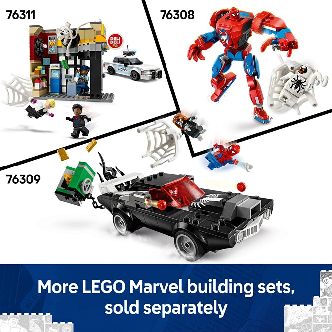 LEGO Marvel Spider-Man Mech vs Anti-Venom set 76308 featuring red and blue poseable mech figure, white anti-venom character, and accessories displayed with related building sets 76311 and 76309
