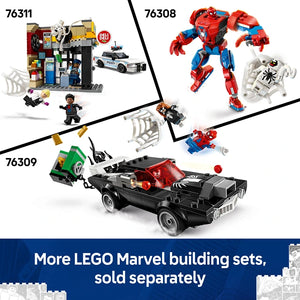 LEGO Marvel Spider-Man Mech vs Anti-Venom set 76308 featuring red and blue poseable mech figure, white anti-venom character, and accessories displayed with related building sets 76311 and 76309