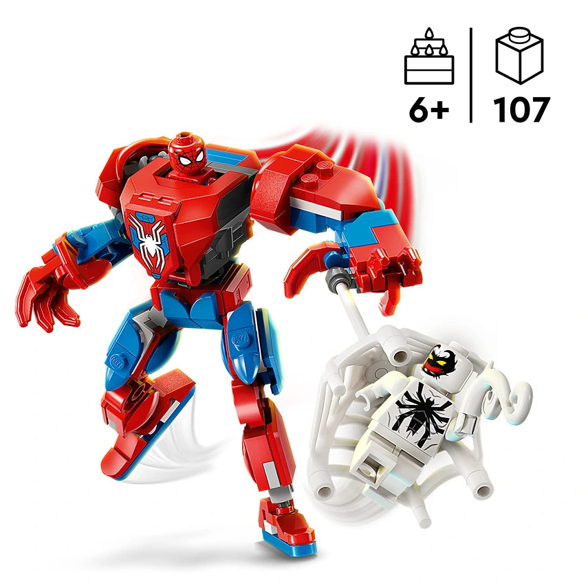 LEGO Spider-Man red and blue mech suit with minifigure head next to white Anti-Venom spider mech set 76308 featuring 107 pieces for ages 6 and up