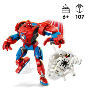 LEGO Spider-Man red and blue mech suit with minifigure head next to white Anti-Venom spider mech set 76308 featuring 107 pieces for ages 6 and up