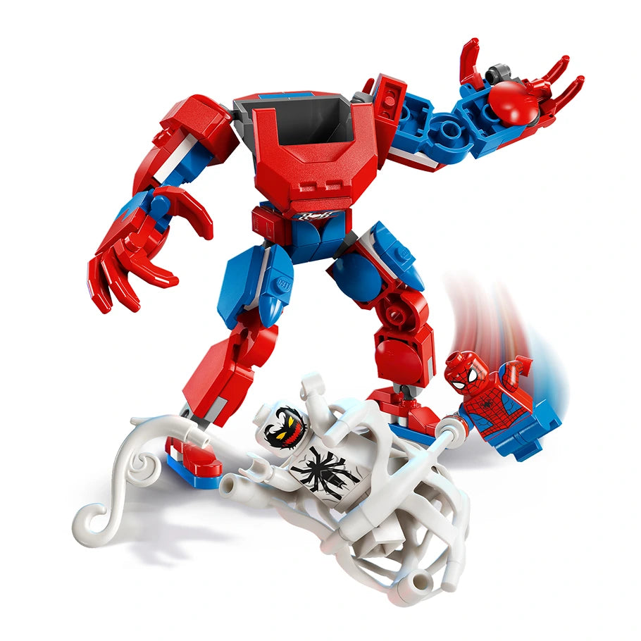 LEGO Spider-Man red and blue mech suit with articulated arms and legs standing over white Anti-Venom minifigure, featuring poseable joints and detailed construction elements