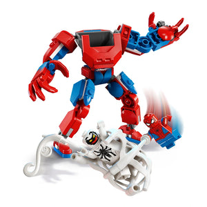LEGO Spider-Man red and blue mech suit with articulated arms and legs standing over white Anti-Venom minifigure, featuring poseable joints and detailed construction elements