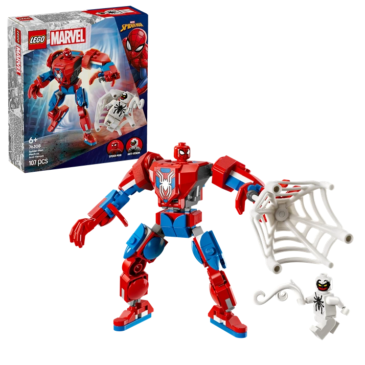 LEGO Marvel Spider-Man Mech 76308 set featuring red and blue buildable robot suit with poseable joints, white web accessory, mini spider-man and anti-venom figures, 107 pieces, displayed with original packaging box