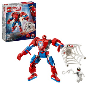 LEGO Marvel Spider-Man Mech 76308 set featuring red and blue buildable robot suit with poseable joints, white web accessory, mini spider-man and anti-venom figures, 107 pieces, displayed with original packaging box