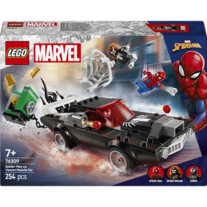 LEGO Marvel Spider-Man vs Venom Muscle Car set 76309 featuring black muscle car with red accents, minifigures of Spider-Man Spider-Woman and Venom, 256 pieces, age 7+