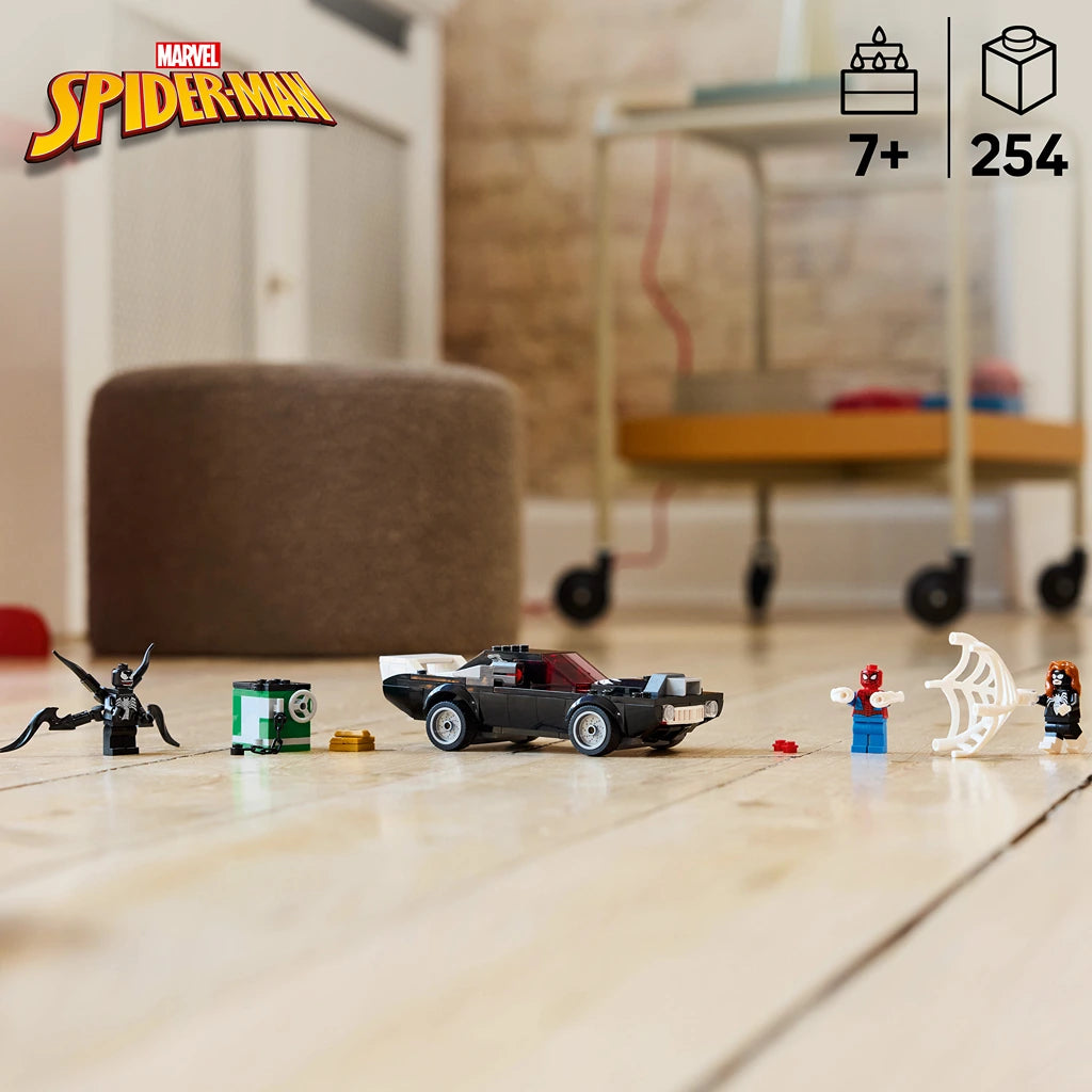 LEGO Marvel Spider-Man vs Venom Muscle Car set 76309 displayed on wooden floor showing black muscle car minifigures Spider-Man Venom and accessories with 254 pieces for ages 7 plus