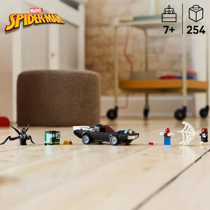 LEGO Marvel Spider-Man vs Venom Muscle Car set 76309 displayed on wooden floor showing black muscle car minifigures Spider-Man Venom and accessories with 254 pieces for ages 7 plus