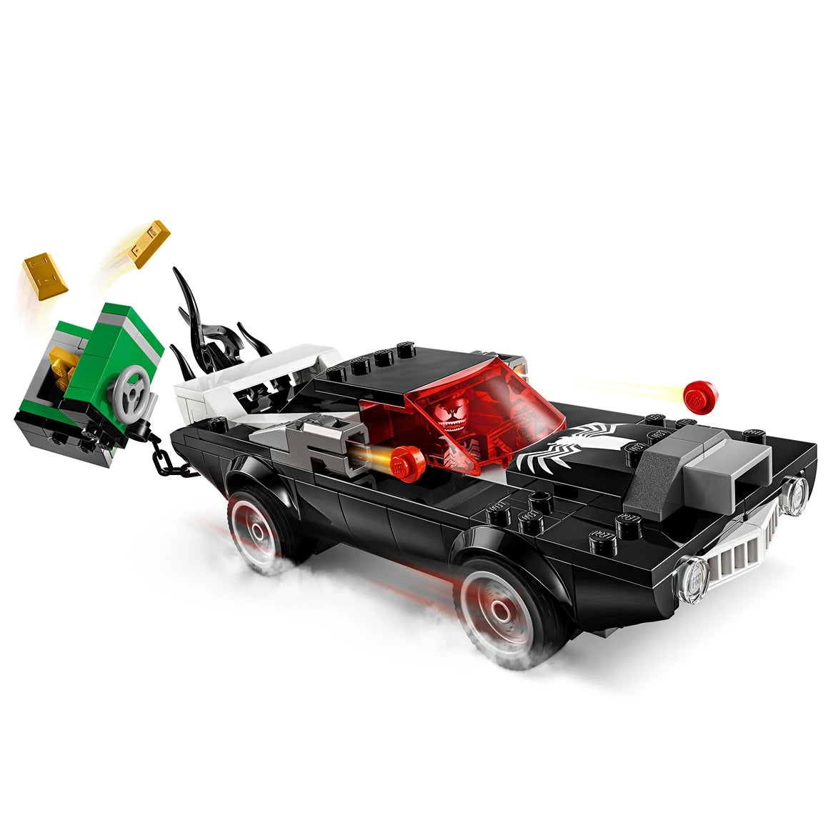 LEGO Spider-Man vs Venom Muscle Car set 76309 featuring a black muscle car with red accents, red wheels, white wall tires, a green and black villain lair structure, minifigures, and gold accessories on white background