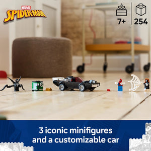 LEGO Marvel Spider-Man set 76309 featuring a customizable black muscle car, Spider-Man minifigure in red suit, Venom character in black, and additional accessories displayed on wooden floor with playroom background, 254 pieces for ages 7+