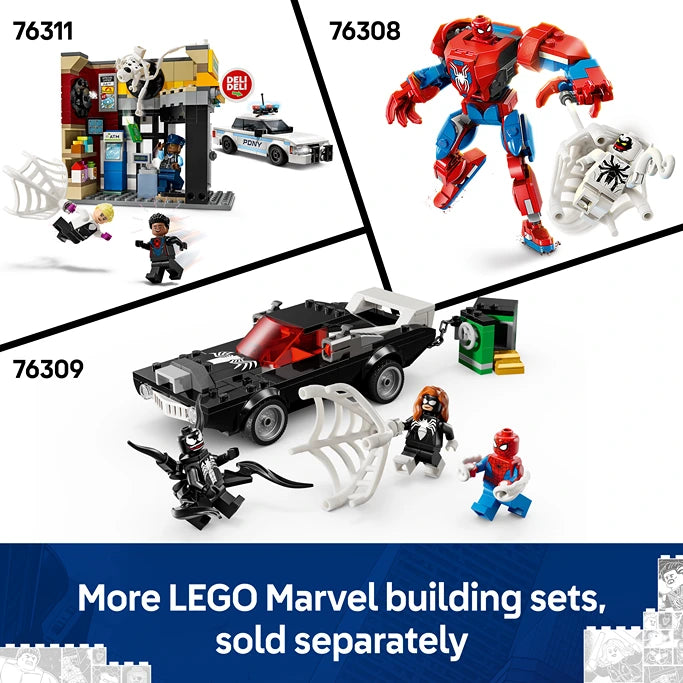 LEGO Marvel Spider-Man vs Venom Muscle Car set 76309 featuring black and red muscle car with skeletal design, Spider-Man minifigure in blue and red suit, Venom character in black, and accessories displayed against white background with product showcase of related LEGO Marvel sets 76311 76308 and 76309