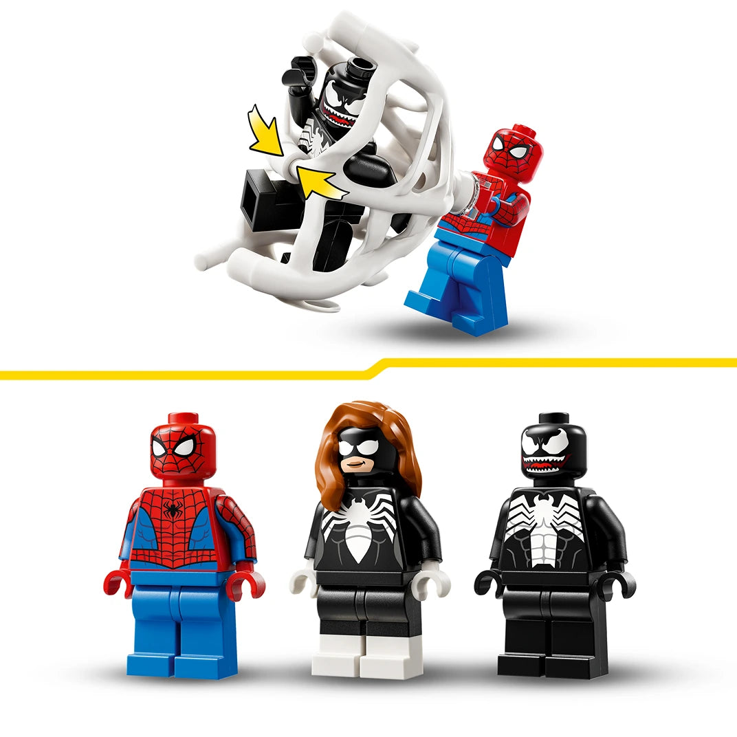 LEGO Marvel Spider-Man vs Venom Muscle Car set 76309 featuring Spider-Man minifigure in red and blue, black-haired female character, and Venom symbiote minifigure with white spider emblem, alongside white and black buildable muscle car with opening canopy and yellow lightning effects