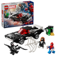 LEGO Marvel Spider-Man vs. Venom Muscle Car set 76309 featuring black and red buildable car with white web details, minifigures of Spider-Man and Venom symbiote character, green weapons accessory, and instruction box showing 254 pieces for ages 7 and up