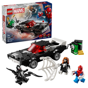 LEGO Marvel Spider-Man vs. Venom Muscle Car set 76309 featuring black and red buildable car with white web details, minifigures of Spider-Man and Venom symbiote character, green weapons accessory, and instruction box showing 254 pieces for ages 7 and up