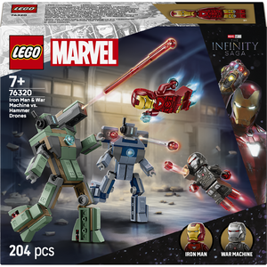 LEGO Marvel set 76320 box showing Iron Man and War Machine buildable figures in red and blue armor facing Hammer Drones, includes 204 pieces, rated 7 plus, featuring glowing minifigure accessories and battle scene backdrop