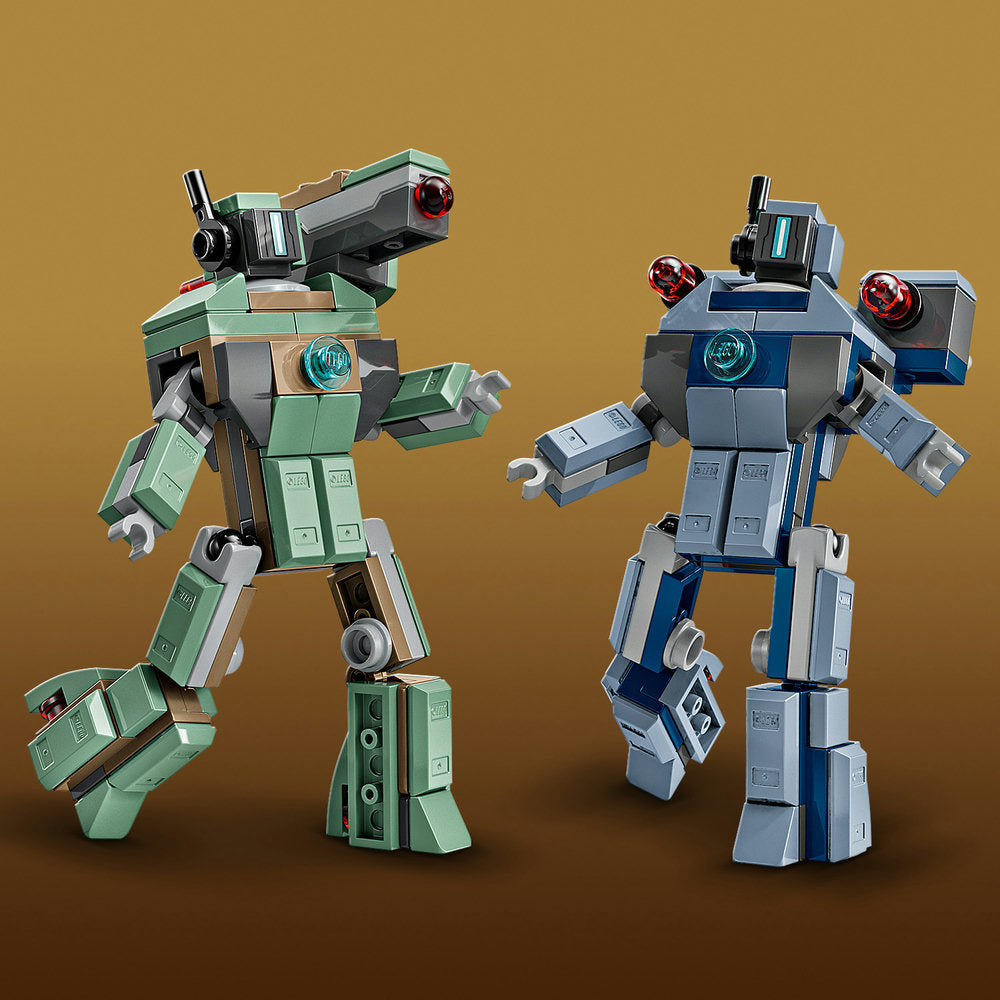 LEGO buildable figures of Iron Man in green and War Machine in blue and grey with articulated limbs, weapons and red jeweled chest pieces against a tan background