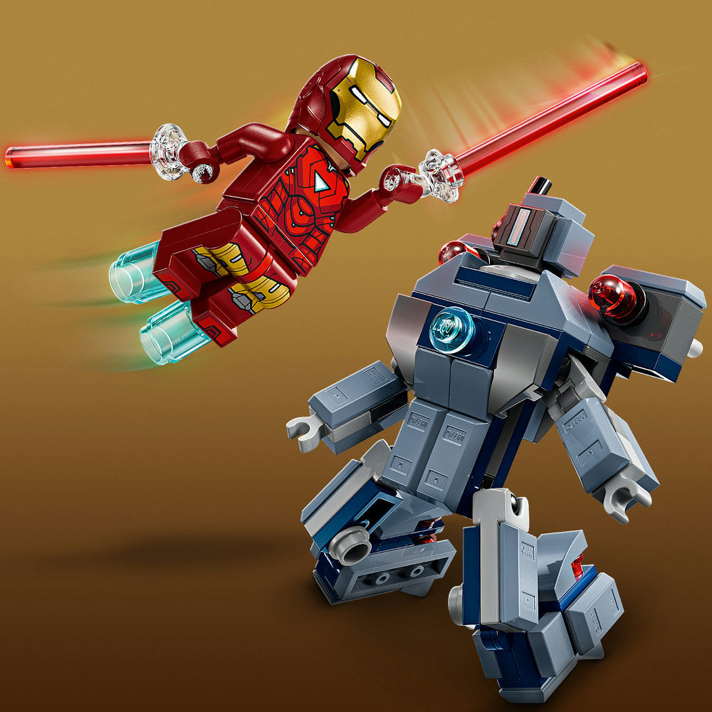 LEGO minifigures of Iron Man in red and gold armor with glowing blue jet pack flying above War Machine in blue and gray armor battling against the set backdrop on a gold gradient background