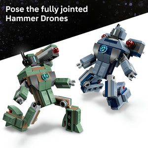 Two fully poseable LEGO Hammer Drones in green and blue with articulated joints, red circular lights, and mechanical details, displayed against a white and dark starry background with product text overlay