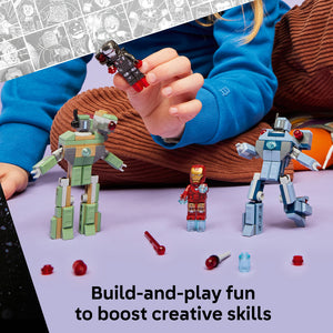 Child in blue sweater and brown knit hat holding LEGO Iron Man minifigure above assembled LEGO figures including green robot, red Iron Man suit, and blue robot on purple surface with comic book background and text "Build-and-play fun to boost creative skills"