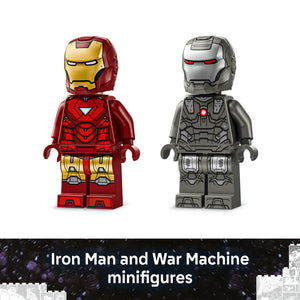 LEGO minifigures of Iron Man in red and gold armor and War Machine in silver and gray armor standing side by side against white background