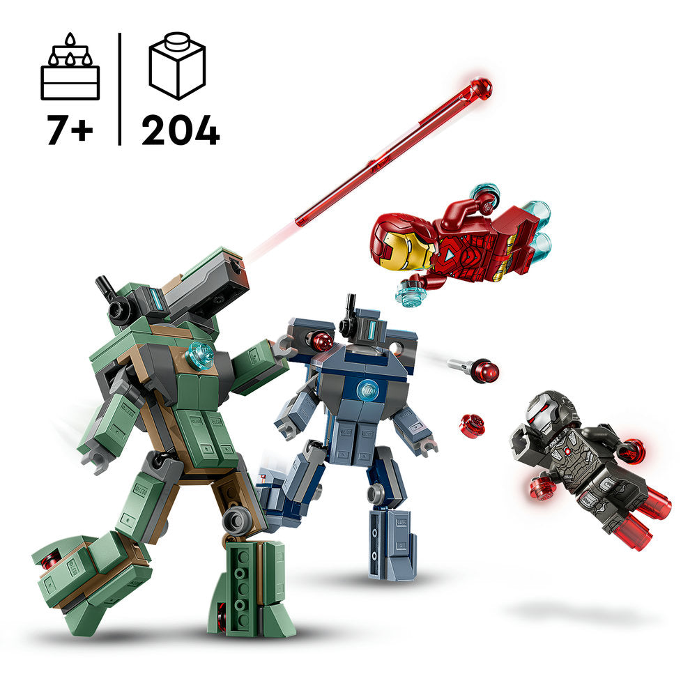 LEGO Iron Man War Machine vs Hammer Drones 76320 set featuring green and tan armored mech suit with cannon, blue and gray robot figure, red and gold Iron Man armor, black and red drone with weapons, and small red projectile pieces against white background