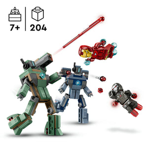 LEGO Iron Man War Machine vs Hammer Drones 76320 set featuring green and tan armored mech suit with cannon, blue and gray robot figure, red and gold Iron Man armor, black and red drone with weapons, and small red projectile pieces against white background