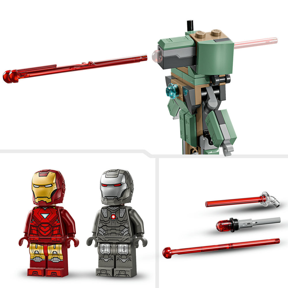 LEGO Marvel Iron Man and War Machine minifigures with green Hammer Drone building set, featuring red and grey weapons accessories, against white background