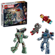 LEGO Marvel 76320 Iron Man & War Machine vs. Hammer Drones set featuring red and gold Iron Man minifigure, blue and grey War Machine armor, green and tan Hammer Drone, red and black flying drone, and 204 pieces with product box displayed