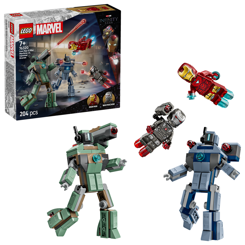 LEGO Marvel 76320 Iron Man & War Machine vs. Hammer Drones set featuring red and gold Iron Man minifigure, blue and grey War Machine armor, green and tan Hammer Drone, red and black flying drone, and 204 pieces with product box displayed