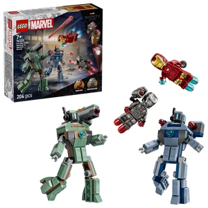 LEGO Marvel 76320 Iron Man & War Machine vs. Hammer Drones set featuring red and gold Iron Man minifigure, blue and grey War Machine armor, green and tan Hammer Drone, red and black flying drone, and 204 pieces with product box displayed