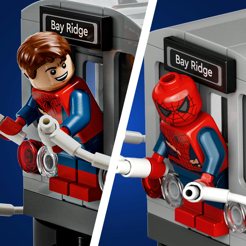 LEGO Spider-Man minifigure in red and blue suit at Bay Ridge station next to red masked Spider-Man head piece on gray and white modular subway station set with white connectors and red brick details against blue background