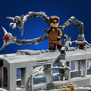 LEGO minifigure of Doc Ock with brown hair and jacket standing on grey subway train platform with multiple mechanical metal arms extended, against blue background, featuring silver and black robotic appendages and red power cores