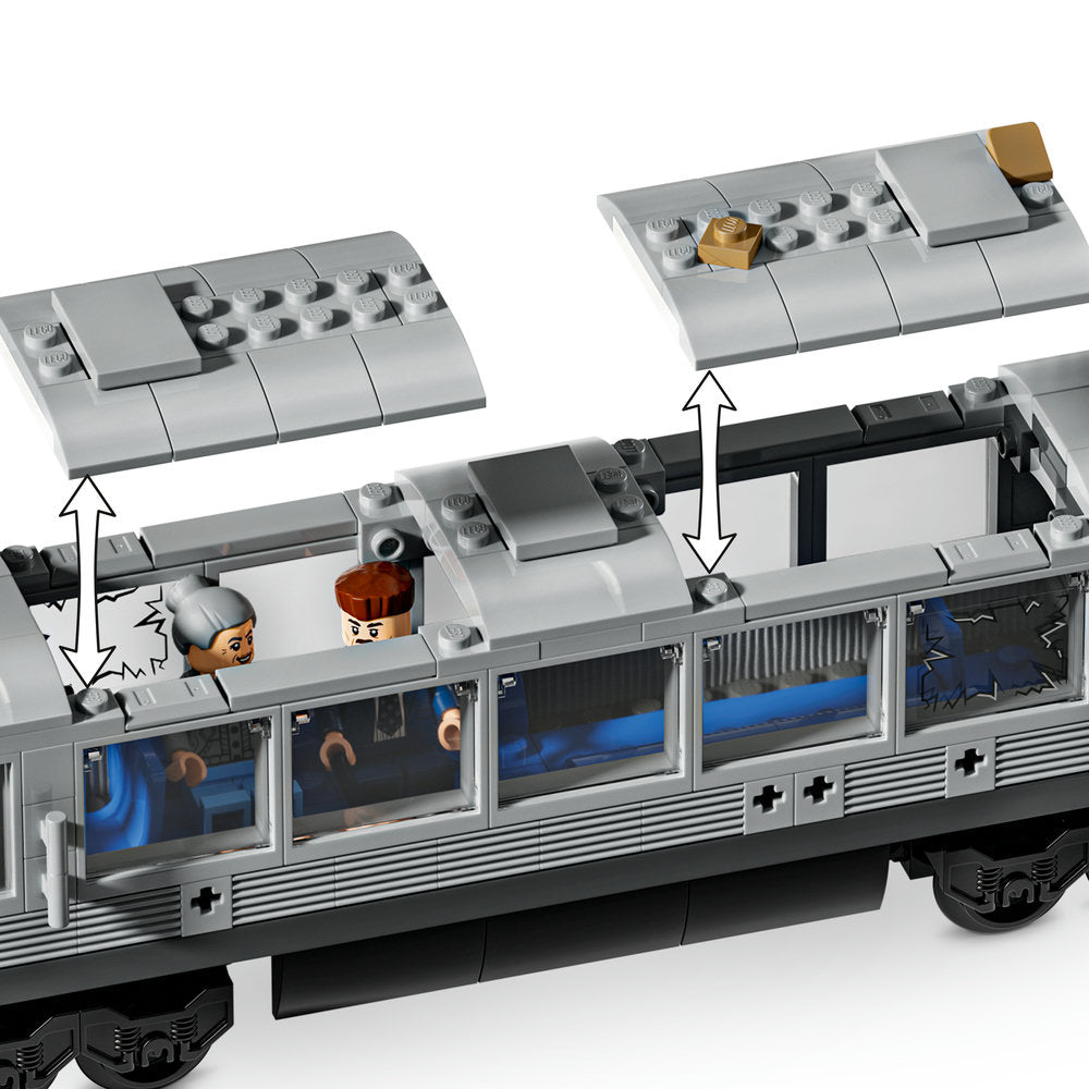 LEGO Marvel Spider-Man subway train set 76321 featuring gray and silver modular train car with blue-tinted windows, two minifigures with brown and gray hair, removable roof sections with studs, and gold-colored element on upper platform, displayed against white background