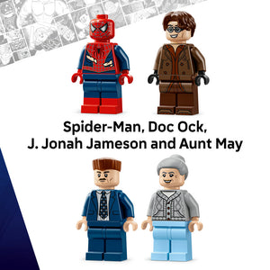 LEGO minifigures from Spider-Man set 76321 including Spider-Man in red and blue suit, Doc Ock in brown jacket, J. Jonah Jameson in blue business suit, and Aunt May in gray cardigan with white hair, displayed against comic book background