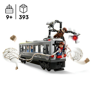 LEGO Spider-Man vs. Doc Ock Subway Train Scene 76321 building set featuring a gray and black subway train car with Bay Plate marking, Spider-Man minifigure in red and blue suit, Doc Ock villain with mechanical arms, web elements, and accessories, 393 pieces, recommended age 9+