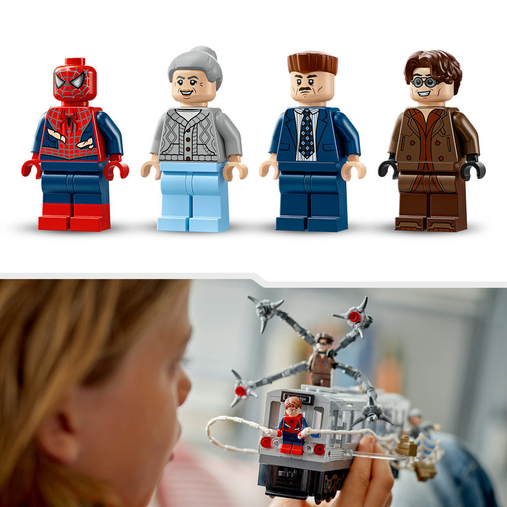 Four LEGO minifigures displayed in a row including Spider-Man in red and blue, an elderly woman with grey hair, a man in a dark blue suit, and a man in a brown jacket with glasses, shown above a scene of a child playing with a LEGO subway train set featuring Spider-Man and Doc Ock minifigures on an elevated track
