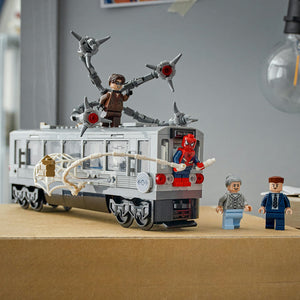 LEGO Marvel Spider-Man vs Doc Ock Subway Train set 76321 featuring minifigure pilot with four mechanical arms mounted on white and grey subway train car, Spider-Man red minifigure, two adult minifigures, and detailed brick construction elements displayed on tan surface