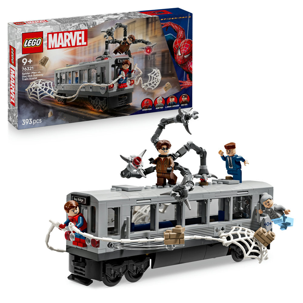LEGO Marvel Spider-Man 76321 subway train set featuring gray and black train car with web decorations, minifigures of Spider-Man, Doc Ock with mechanical arms, and other characters, 393 pieces, displayed with original packaging box showing product details