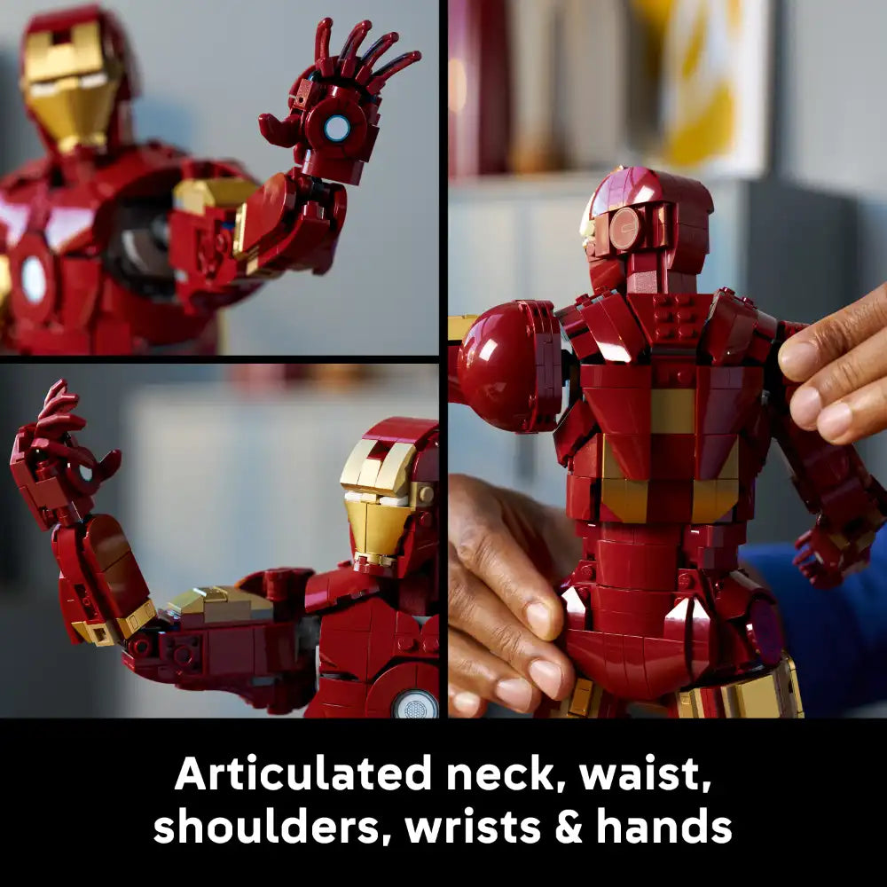 LEGO Iron Man Mark 3 Collectors Edition buildable figure in red and gold showing articulated neck, waist, shoulders, wrists and hands with multiple angle views demonstrating poseable joints and detailed construction