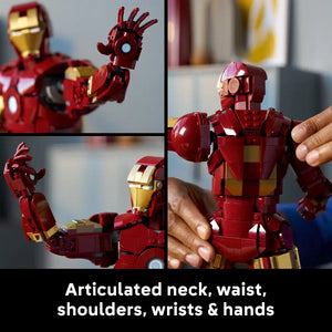 LEGO Iron Man Mark 3 Collectors Edition buildable figure in red and gold showing articulated neck, waist, shoulders, wrists and hands with multiple angle views demonstrating poseable joints and detailed construction