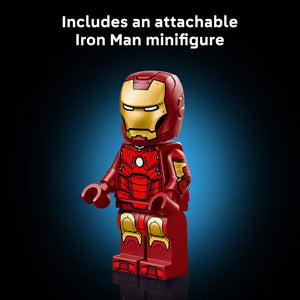 LEGO Iron Man Mark 3 minifigure in red and gold armor with yellow-gold face plate, articulated limbs, and detachable helmet shown against blue gradient background with product text above